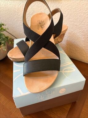 Life Stride Black Crisscross Wedge Sandals with Cork Sole